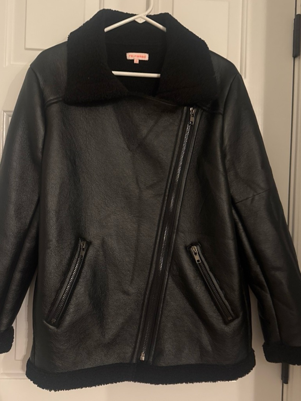 re:named Black Faux Leather Aviator Jacket with Shearling Trim